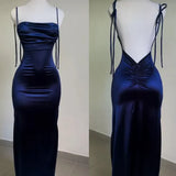 Blue Spaghetti Strap Bodycon Satin Elegant Prom Dresses Backless Party Dresses HZ1024