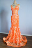 Mermaid Spaghetti Straps Sequins Applique Long Prom Dress Tulle Evening Dress HZ1024