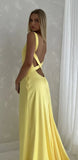Mermaid V Neck Yellow Backless Long Prom Dress HZ1024