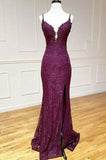 Mermaid Formal Dresses Under $170?? Charming Grape Spaghetti Straps Applique Long Backless Prom Dress With Slit HZ1024