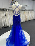 V Neck Royal Blue Beade Applique Tulle Long Prom Dress, Evening Dress HZ1024