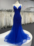 V Neck Royal Blue Beade Applique Tulle Long Prom Dress, Evening Dress HZ1024