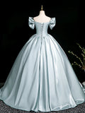 V Neck Satin Blue Long Prom Dress, Blue Long Formal Dress HZ1024