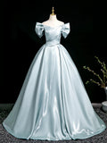 V Neck Satin Blue Long Prom Dress, Blue Long Formal Dress HZ1024