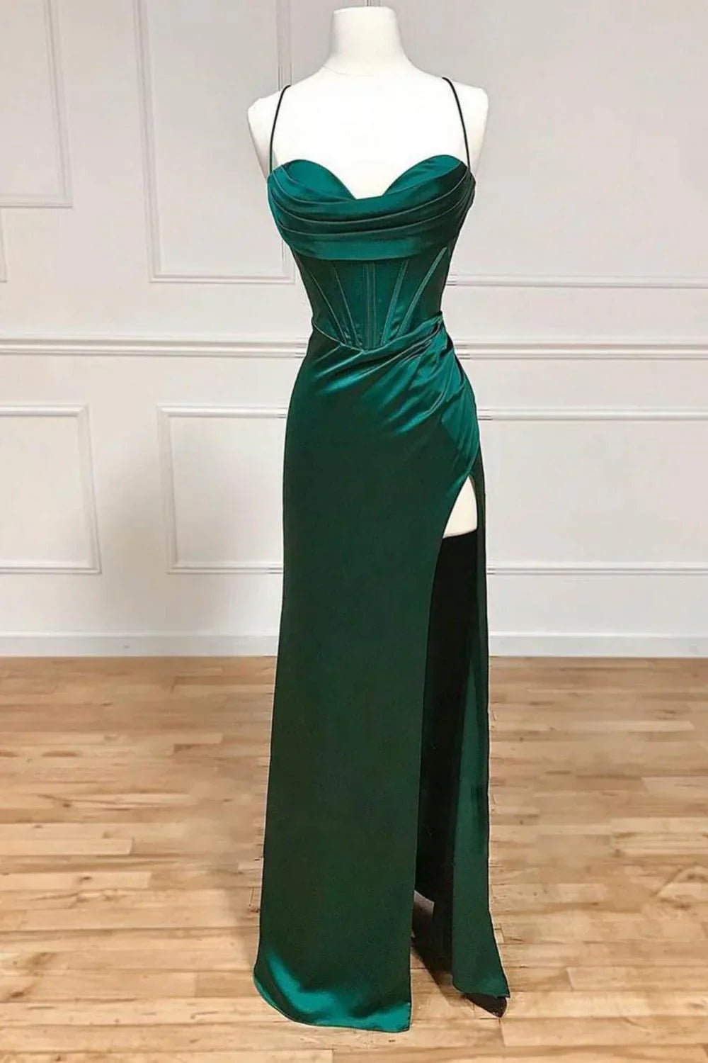 Green Mermaid Satin Spaghetti Straps Long Prom Dress With Split HZ1024