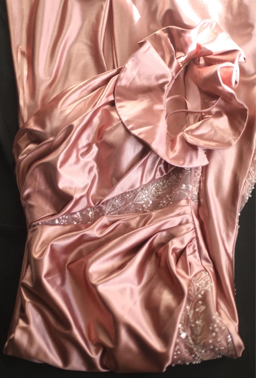 Mermaid One Shoulder Satin Beaded Sequin Long Prom Dress Bridalmaid Dress HZ1024