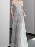 Gown?? Off The Shoulder Tulle Sequins Long Prom Dress for Formal Events &Quinceanera HZ1024