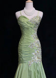 Green Mermaid Spaghetti Strap Satin Beaded Sequin Long Prom Dress Sweetheart Neck Evening Dress HZ1024