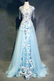 Sky Blue A-Line Tulle Beading Embroidery Appliques Long Prom Dress Pageant Gown HZ1024
