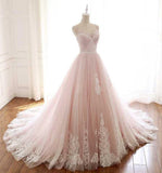 A Line Spaghetti Strap Tulle Beaded Long Prom Dress Sweet Applique Wedding Dress HZ1024