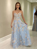 Sweetheart Neck Tulle Lace Blue Long Prom Dress Graduation Prom Dress HZ1024