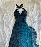 ?Chiffon Halter Sheath Prom Dress for Party&Birthday Elegant Blue Evening Gowns HZ1024