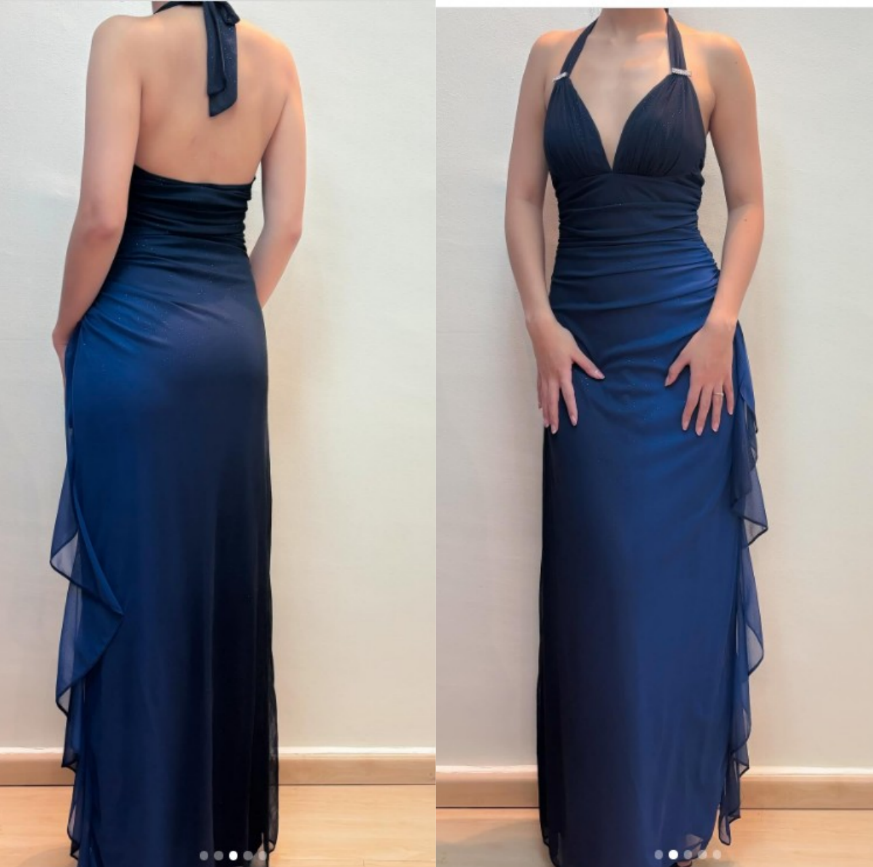 ?Chiffon Halter Sheath Prom Dress for Party&Birthday Elegant Blue Evening Gowns HZ1024