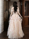 A-Line Tulle Sequins Long Prom Dress Embroidery Applique Formal Evening Dress HZ1024