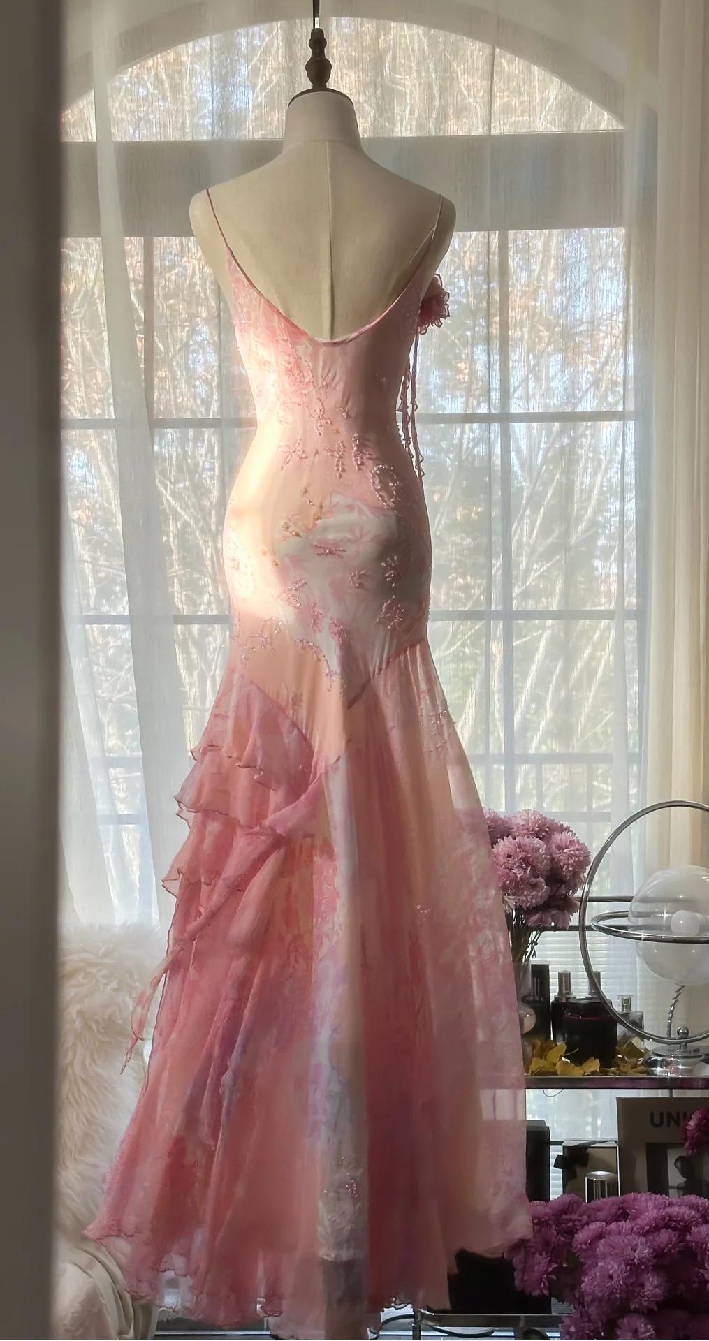 Pink Spaghetti Strap Mermaid Party Dresses Fairytale Chiffon Beaded Long Prom Dresses HZ1024