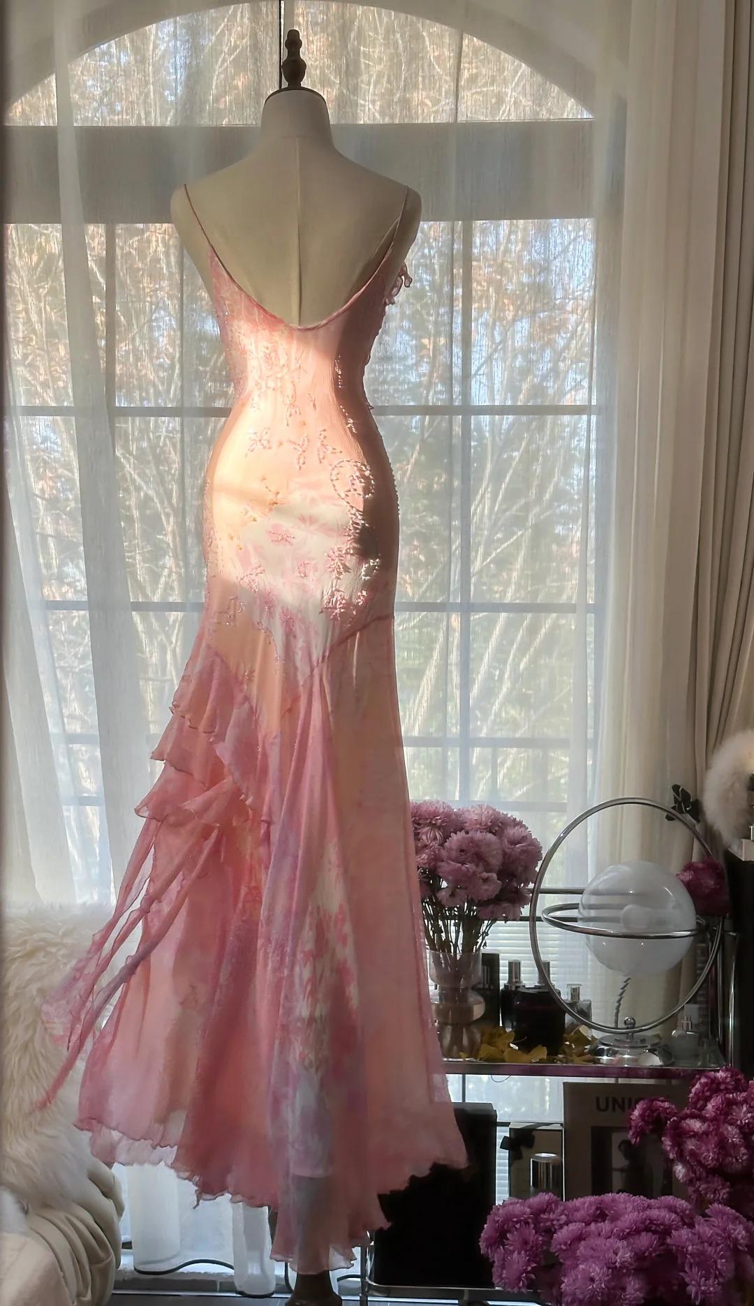 Pink Spaghetti Strap Mermaid Party Dresses Fairytale Chiffon Beaded Long Prom Dresses HZ1024