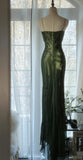 Forest Green Spaghetti Straps Long Prom Dresses Glitter Chiffon Beaded Elegant Party Dresses HZ1024