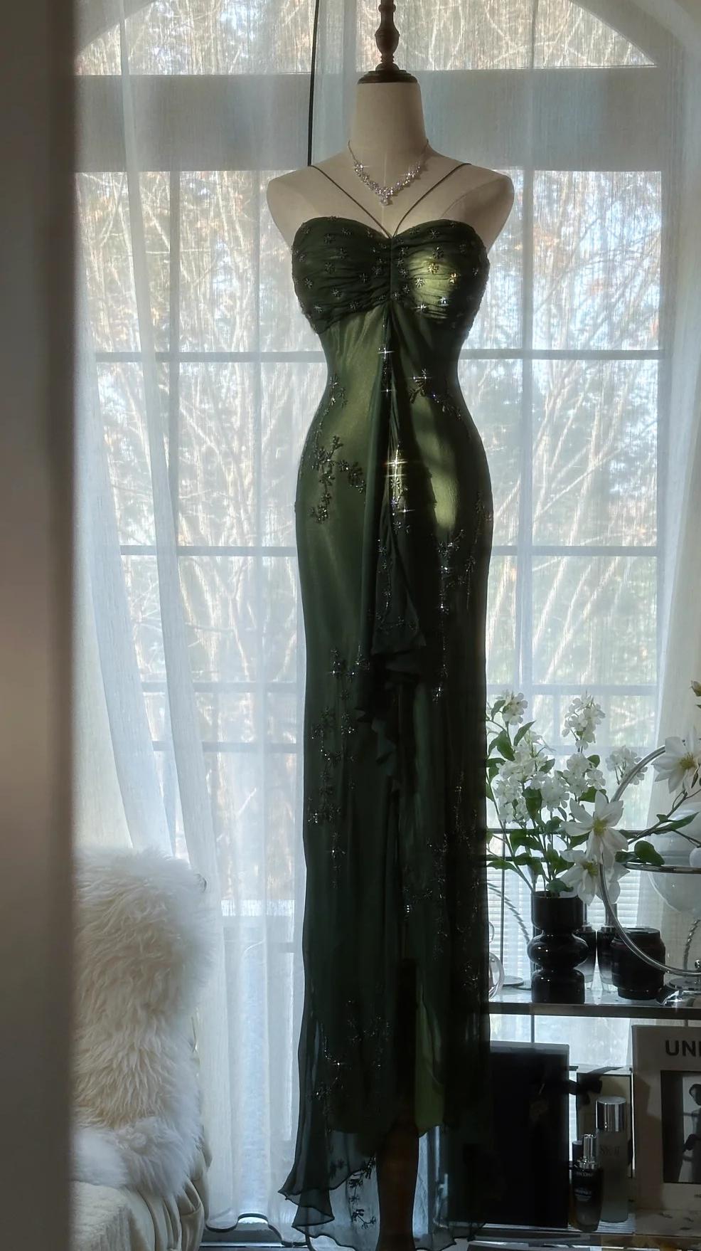 Forest Green Spaghetti Straps Long Prom Dresses Glitter Chiffon Beaded Elegant Party Dresses HZ1024