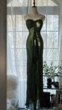Forest Green Spaghetti Straps Long Prom Dresses Glitter Chiffon Beaded Elegant Party Dresses HZ1024