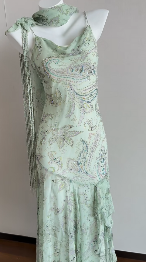 Green Mermaid Formal Dresses Beaded Chiffon Open Back Long Prom Dresses Spaghetti Straps Guest Dresses HZ1024