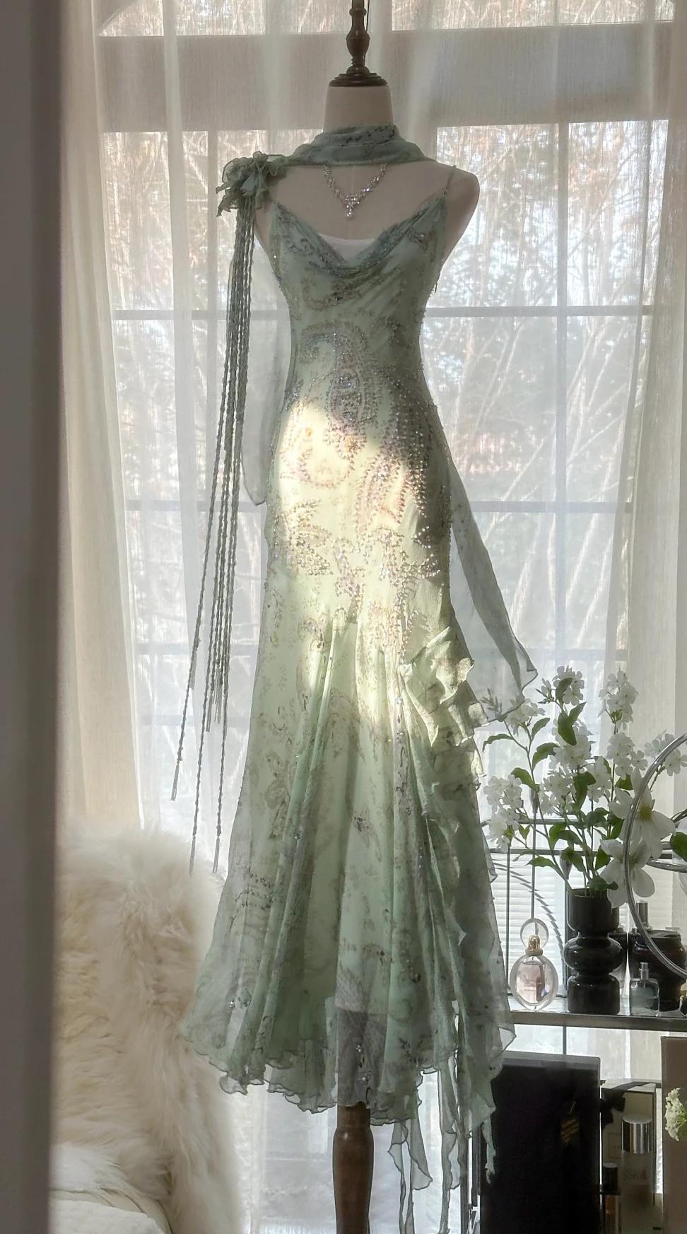 Green Mermaid Formal Dresses Beaded Chiffon Open Back Long Prom Dresses Spaghetti Straps Guest Dresses HZ1024