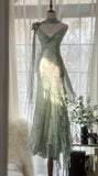 Green Mermaid Formal Dresses Beaded Chiffon Open Back Long Prom Dresses Spaghetti Straps Guest Dresses HZ1024