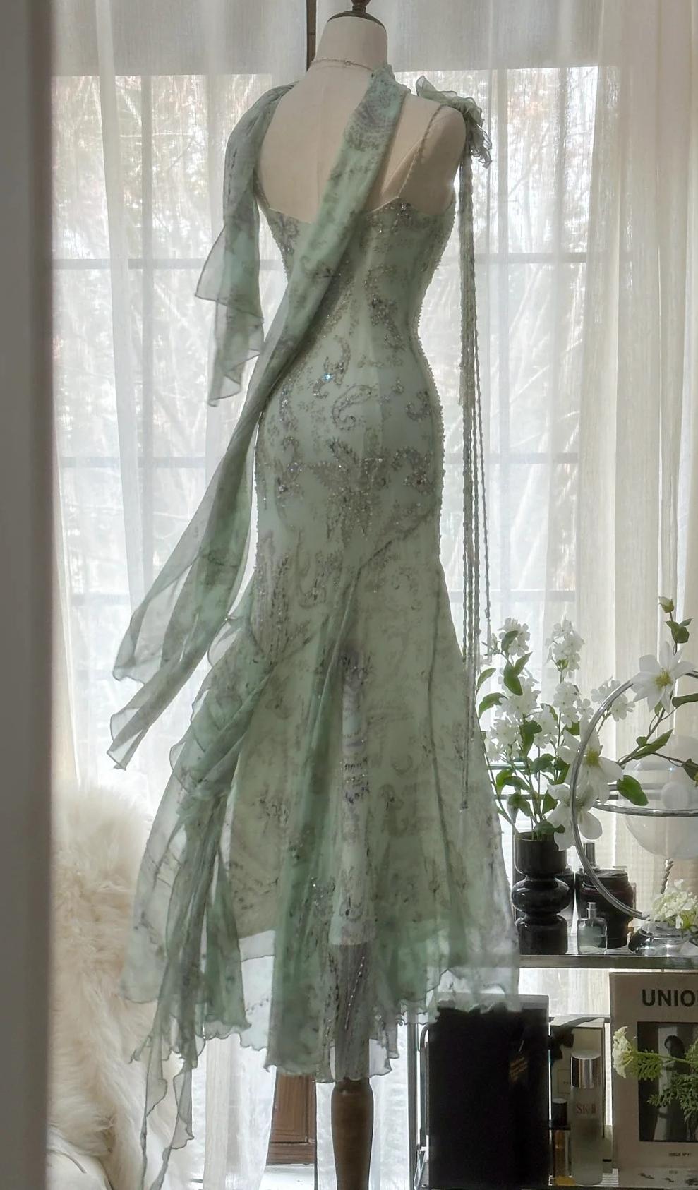 Green Mermaid Formal Dresses Beaded Chiffon Open Back Long Prom Dresses Spaghetti Straps Guest Dresses HZ1024