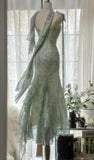 Green Mermaid Formal Dresses Beaded Chiffon Open Back Long Prom Dresses Spaghetti Straps Guest Dresses HZ1024