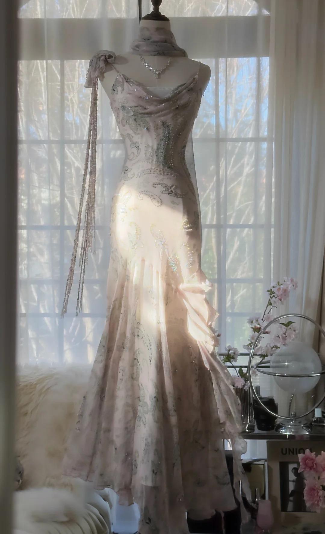 Fairytale Pink Spaghetti Straps Mermaid Evening Gowns Vintage Elegant Beaded Silk Long Prom Dress Guest Dresses HZ1024