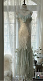 Vintage Mint Green Chiffon Mermaid Beaded Long Prom Dresses Ruffled Fairytale Birthday Dresses HZ1024