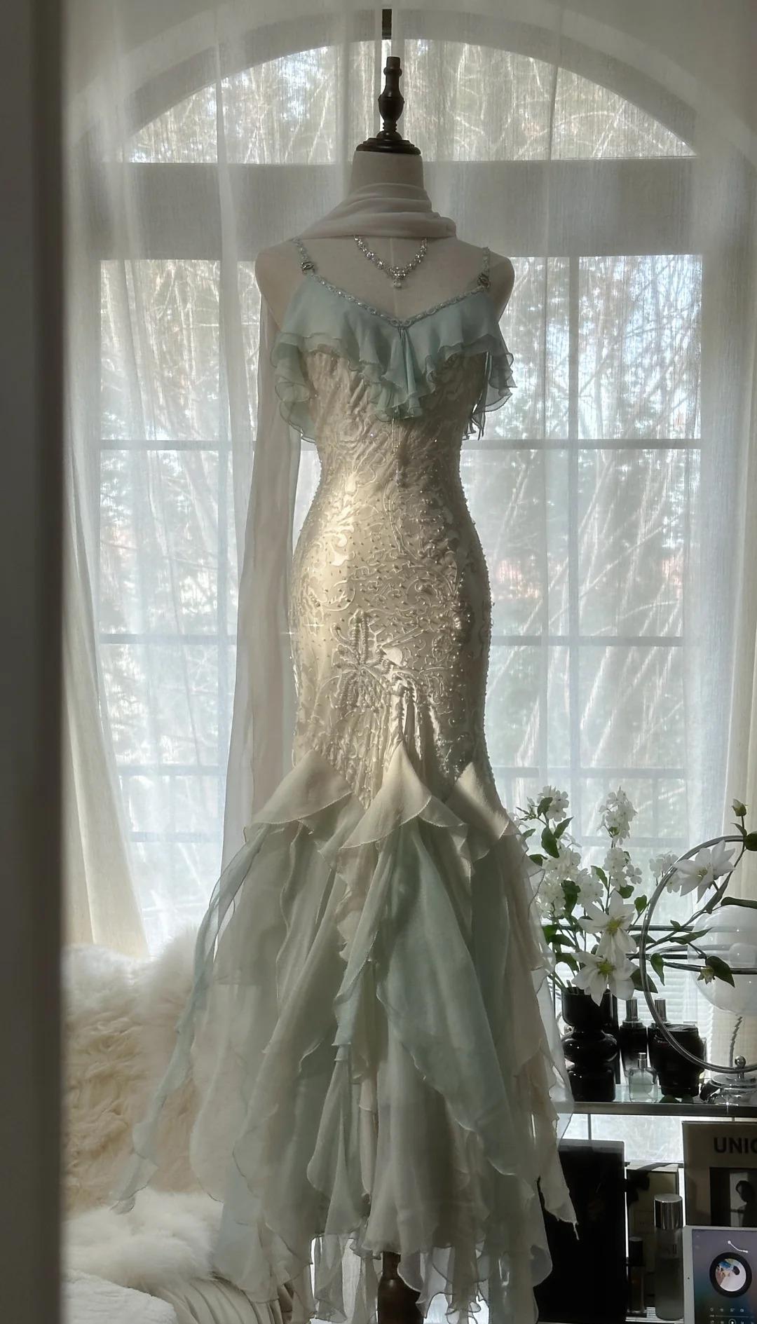 Vintage Mint Green Chiffon Mermaid Beaded Long Prom Dresses Ruffled Fairytale Birthday Dresses HZ1024