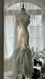 Vintage Mint Green Chiffon Mermaid Beaded Long Prom Dresses Ruffled Fairytale Birthday Dresses HZ1024