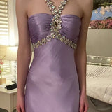 Purple ??Satin Beaded Backless Long Prom Dress for Party&Birthday,Elegant Wedding Guest Outfits HZ1024