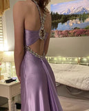 Purple ??Satin Beaded Backless Long Prom Dress for Party&Birthday,Elegant Wedding Guest Outfits HZ1024
