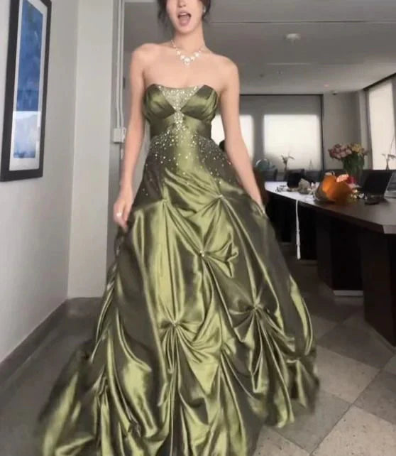 Forest Green A-Line Long Prom Dresses With Silver Beads Sweet Strapless Satin Evening Dresses HZ1024
