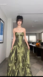 Forest Green A-Line Long Prom Dresses With Silver Beads Sweet Strapless Satin Evening Dresses HZ1024