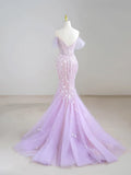 Off-Shoulder Tulle Sequin Long Prom Dress Purple Formal Dress HZ1024
