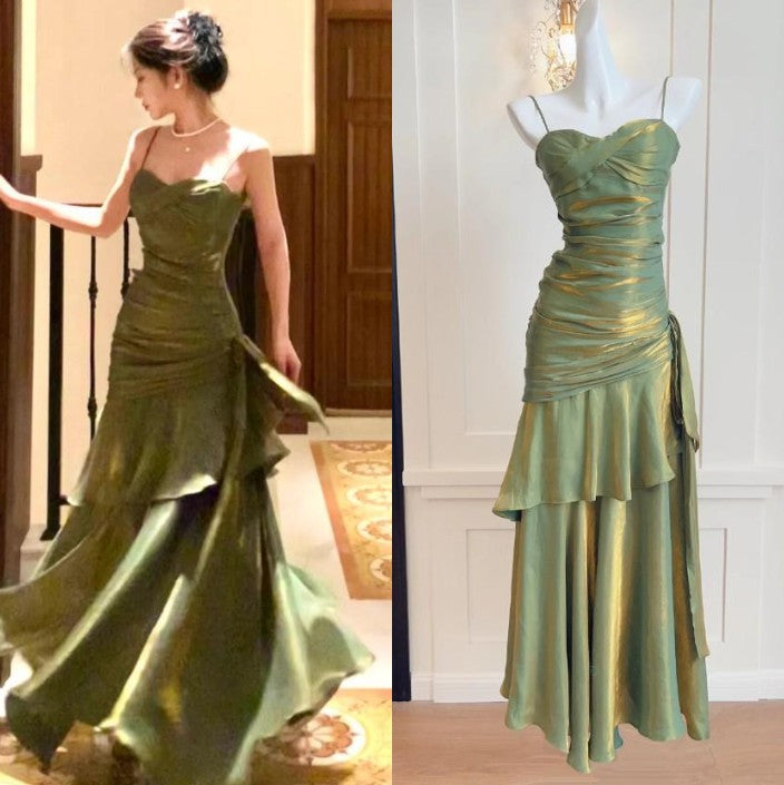 Spaghetti Straps Blue Chiffon Satin Ruffles Long Prom Dresses Fairytale Evening Dresses HZ1024