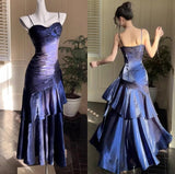 Spaghetti Straps Blue Chiffon Satin Ruffles Long Prom Dresses Fairytale Evening Dresses HZ1024