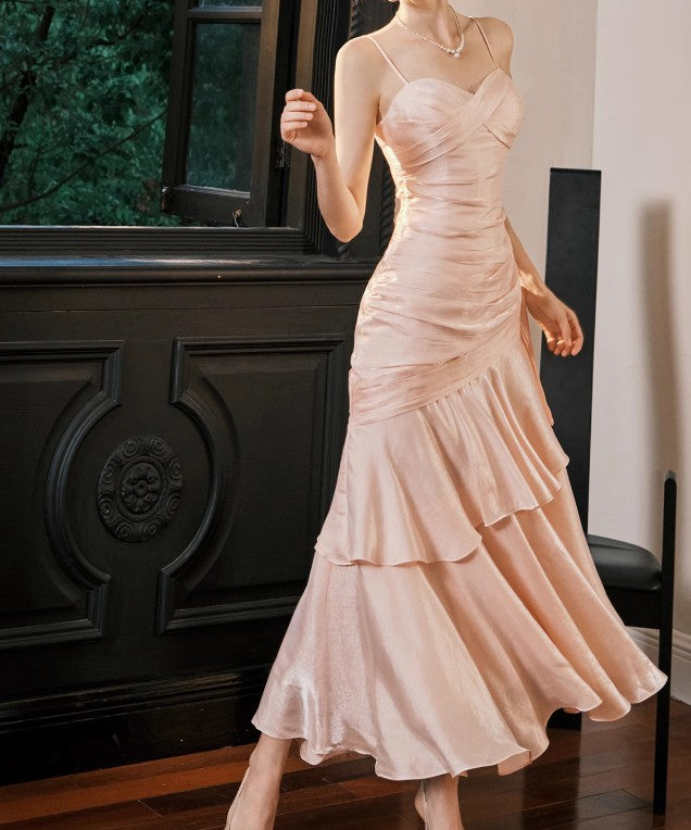 Spaghetti Straps Blue Chiffon Satin Ruffles Long Prom Dresses Fairytale Evening Dresses HZ1024