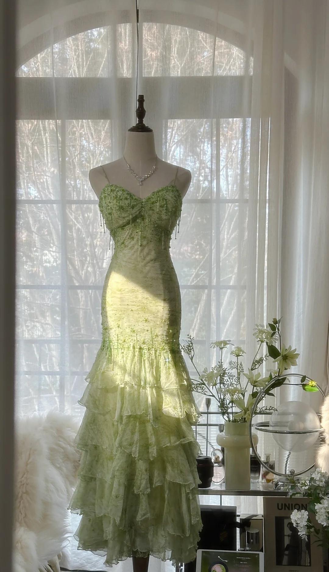 Green Mermaid Vintage Party Dresses Sweetheart Chiffon Beaded Layed Prom Dresses HZ1024