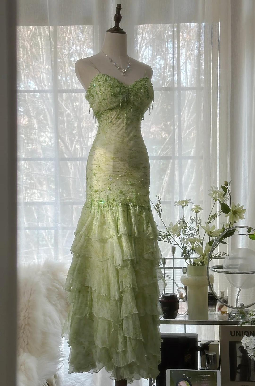 Green Mermaid Vintage Party Dresses Sweetheart Chiffon Beaded Layed Prom Dresses HZ1024