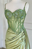 Green Spaghetti Straps Sequins Mermaid Appliqued Prom Dress With Split HZ1024