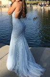 Blue A-Line Spaghetti Strap Backless Elegant Tulle Applique Long Prom Dress HZ1024