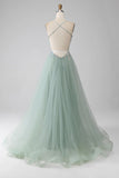 Green A-Line Tulle Strapless Sequined Long Prom Dresses for Birthday Backless Evening Gowns HZ1024