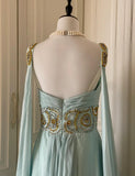 Tiffany Blue V-neck A-Line Beaded Chiffon Long Prom Dress Evening Dress Wedding Dress HZ1024