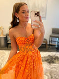 A line Strapless Tulle Lace Long Prom Dres Applique Formal Dress HZ1024