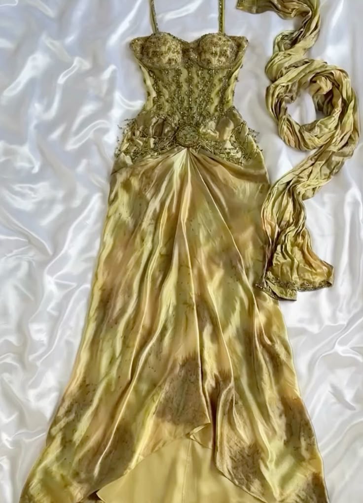 Gold Spaghetti Strap Silk Sheath Prom Dresses Beaded Evening Gowns with Scarf HZ1024