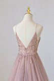 Tulle Long A-Line Prom Dress, Pink Spaghetti Formal Dress with Beaded HZ1024