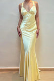 Sheath V Neck Yellow Long Backless Prom Dress Sleeveless Party Dress HZ1024